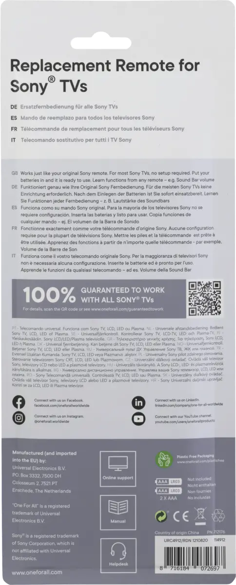 URC4912 - Vervangende afstandsbed. - Sony