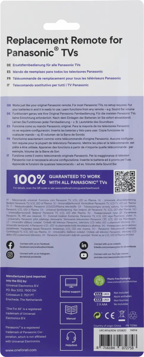 URC4914 - Vervangende afstandsbed. - Panasonic