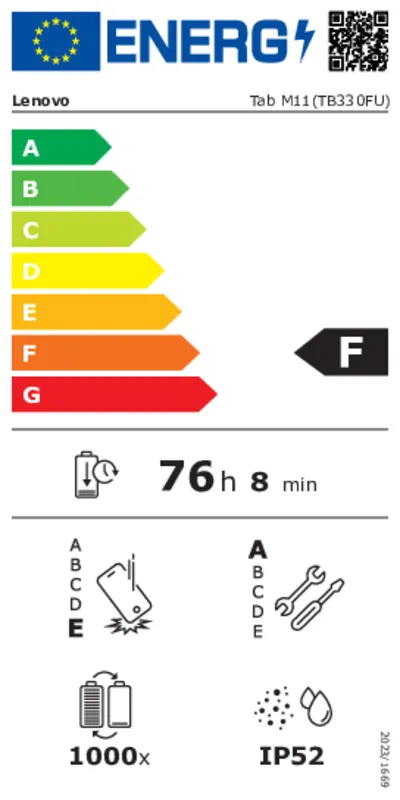 Lenovo Tab M11 FHD TB330FU 128GB (2nd Gen) + Pen energielabel