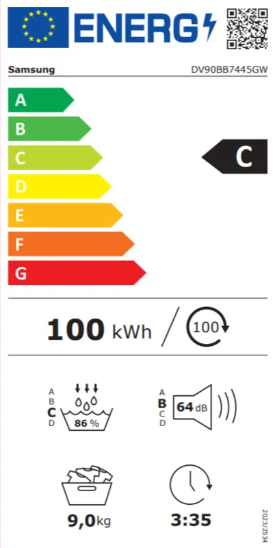 Samsung DV90BB7445GWS2 energielabel
