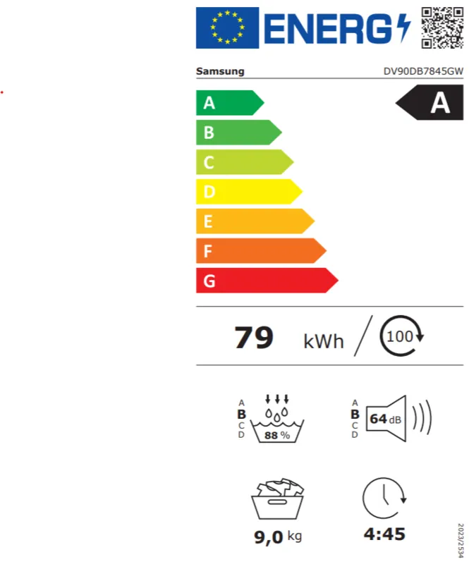 Samsung DV90DB7845GWU3 energielabel