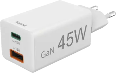 Hama Snellader, 1x USB-C PD, 1x USB-A QC, mini-oplader, 45 W